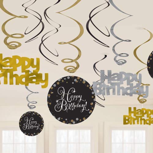 Party Balloon Gold Sparkling Celebration Happy Birthday Hanging Swirls - 45cm
