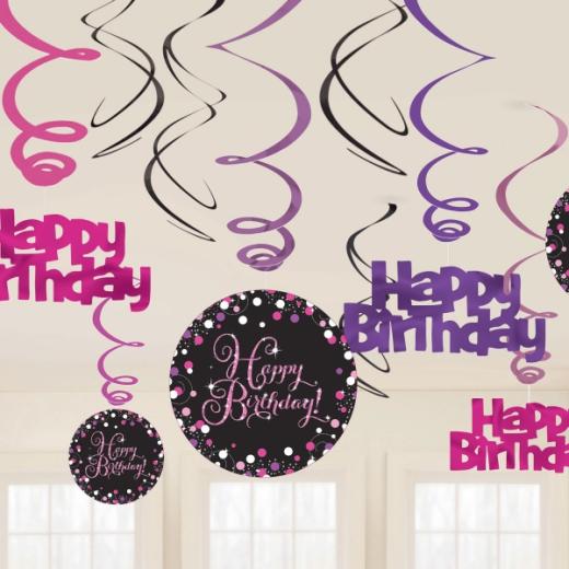 Party Balloon Pink Sparkling Celebration Happy Birthday Hanging Swirls - 45cm