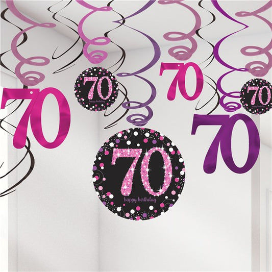 Party Balloon Pink Celebration Age 70 Hanging Swirls - 17cm