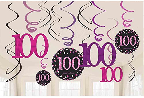 Party Balloon Pink Celebration Age 100 Hanging Swirls - 17cm