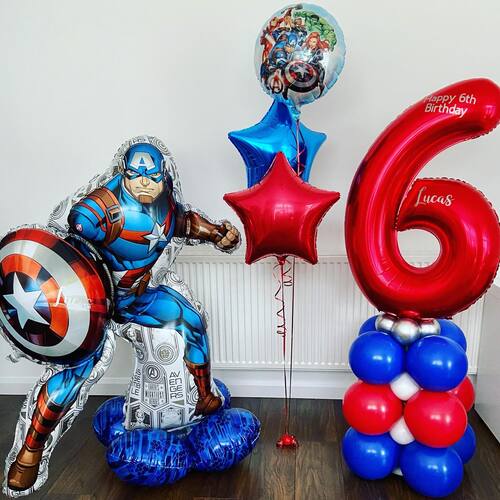Captain America Theme 6th Birthday Balloon Bouquet