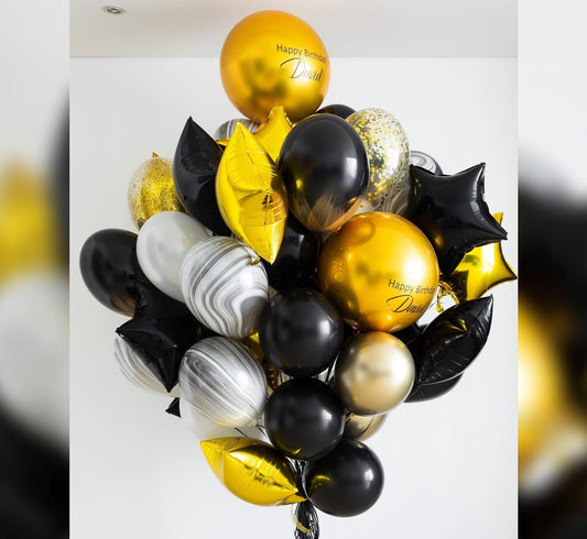 Happy Birthday Dad Black And Gold Theme Balloon Bouquet