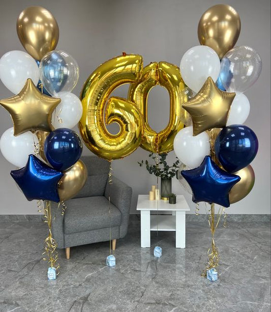 60th Number Blue Gold Theme Balloon Bouquet