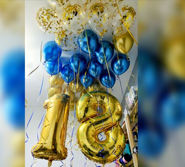 18th Number Confetti And Chrome Balloon Bouquet