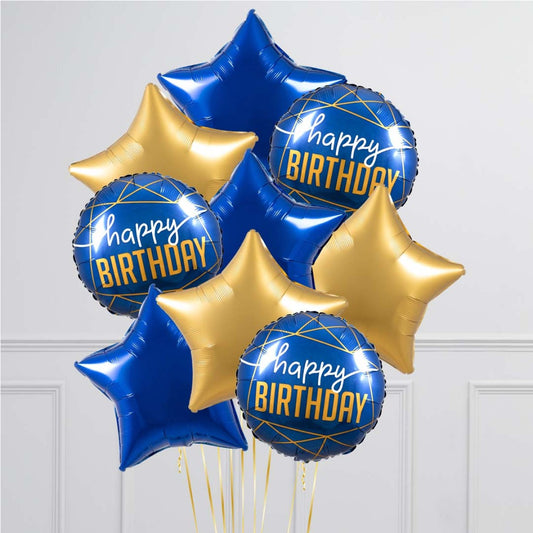 Happy Birthday Gold And Blue Star Balloon Bouquet