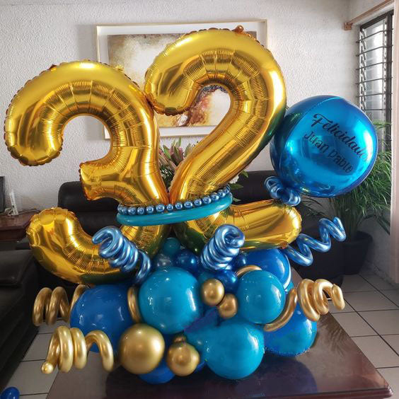 32 Number Gold Blue Theme Balloon Bouquet