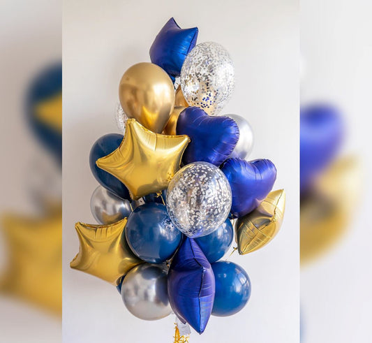 Blue And Gold Theme Heart And Stars Balloon Bouquet