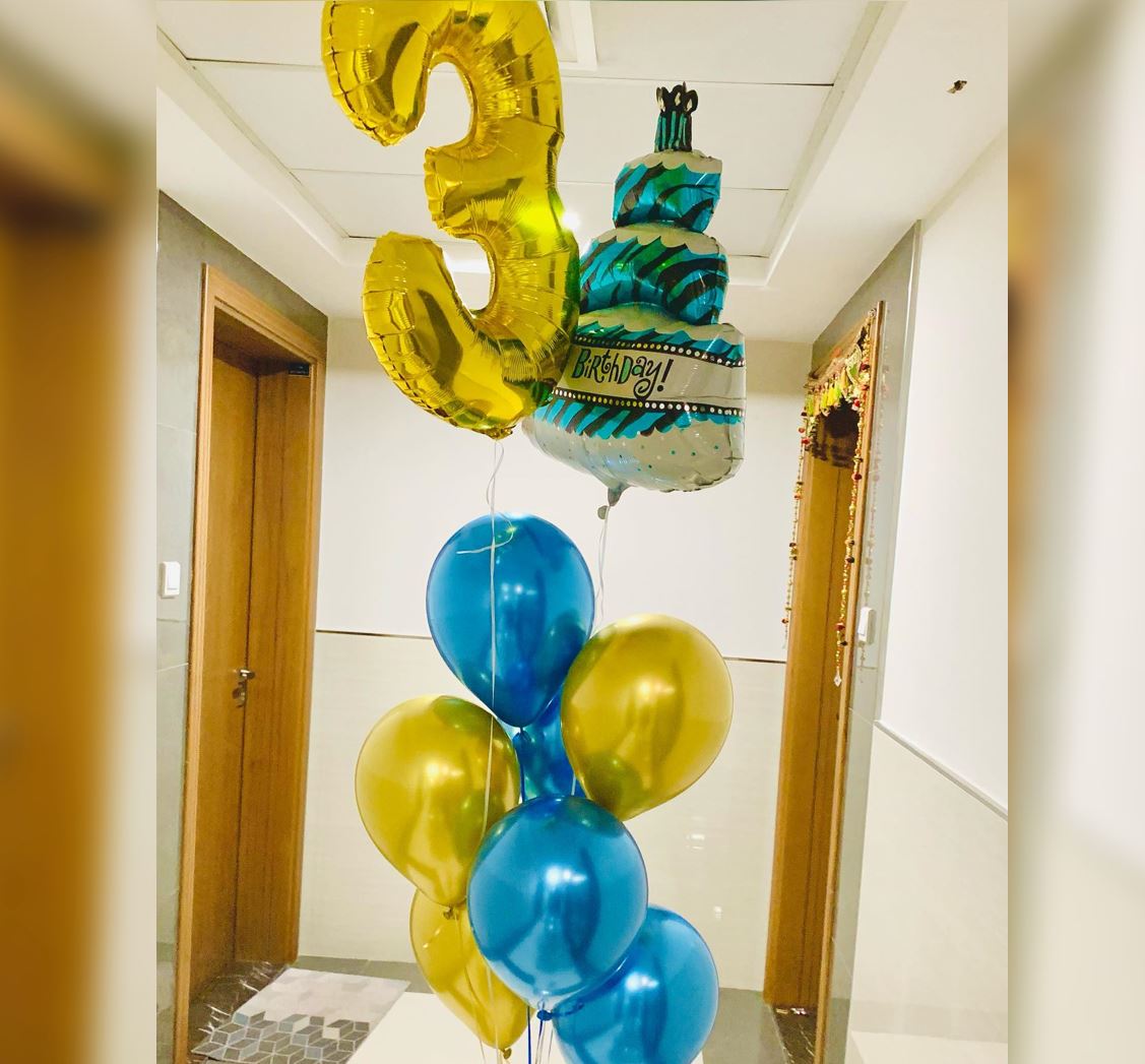 Blue And Gold Theme 3rd Birthday Balloon Bouquet