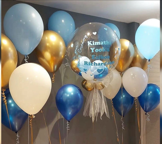 Blue Gold Theme Personalized Bubble Balloon Bouquet