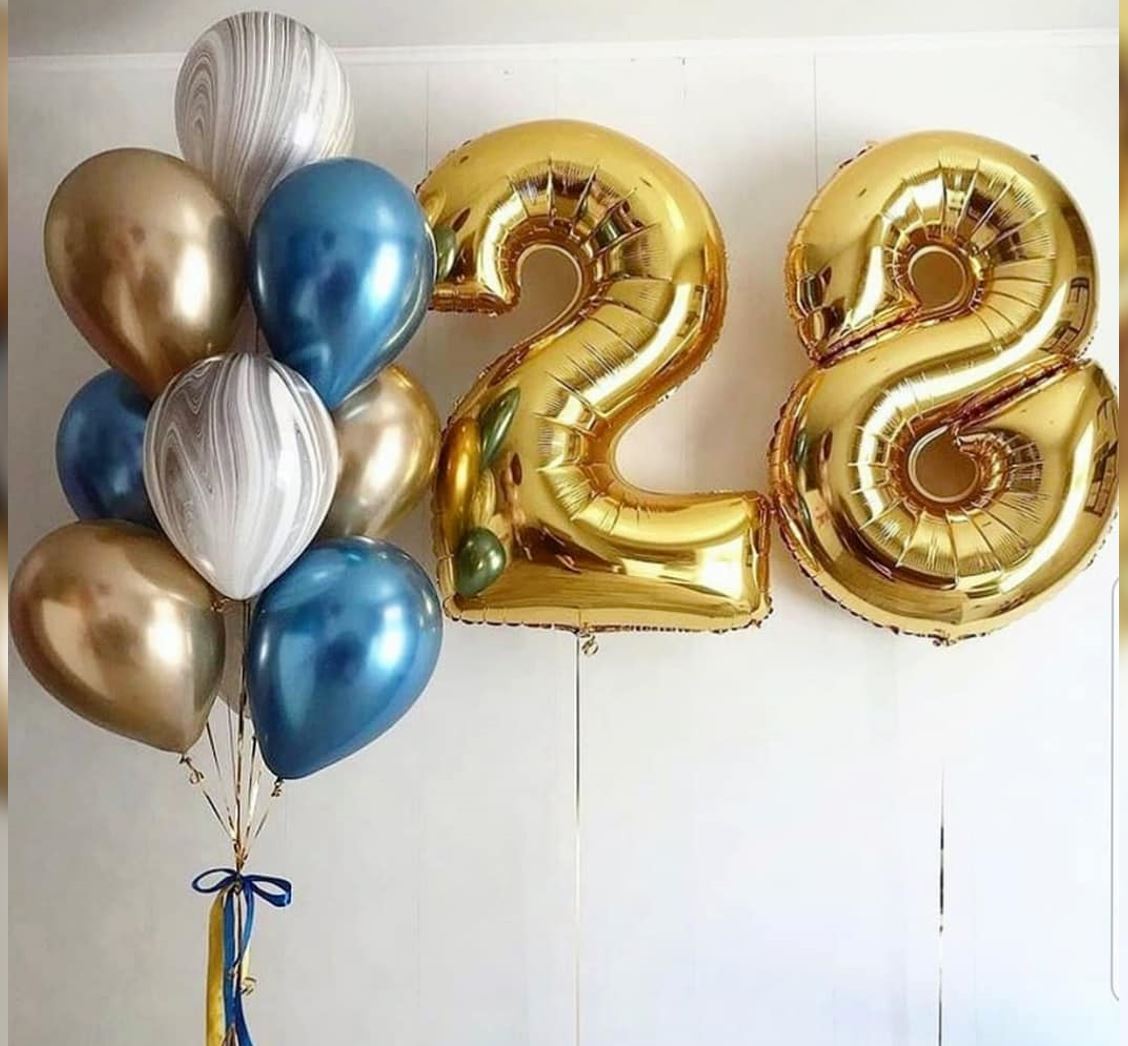 28th Birthday Blue And Gold Theme Balloon Bouquet