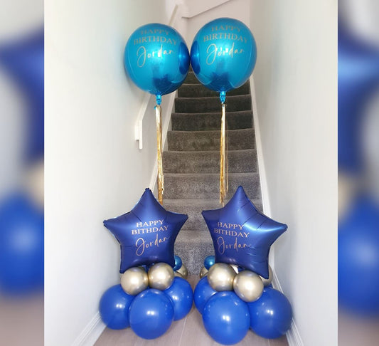 HBD Star And ORBz Gold Blue Balloon Bouquet
