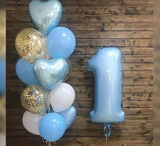 Gold Glitter Blue Heart Balloon Bouquet