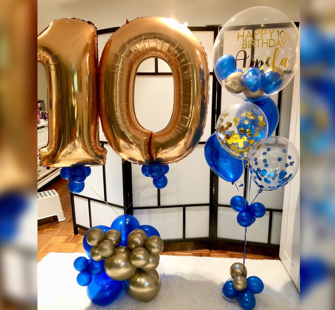 10th Birthday Blue And Gold Theme Bubble Balloon Bouquet