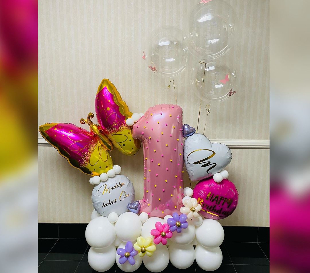 1st Birthday Butterfly Theme Heart And Bubble Cluster Balloon Bouquet