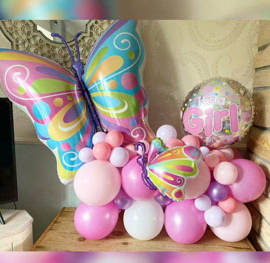 It's a Girl Butterfly Theme Cluster Balloon Bouquet