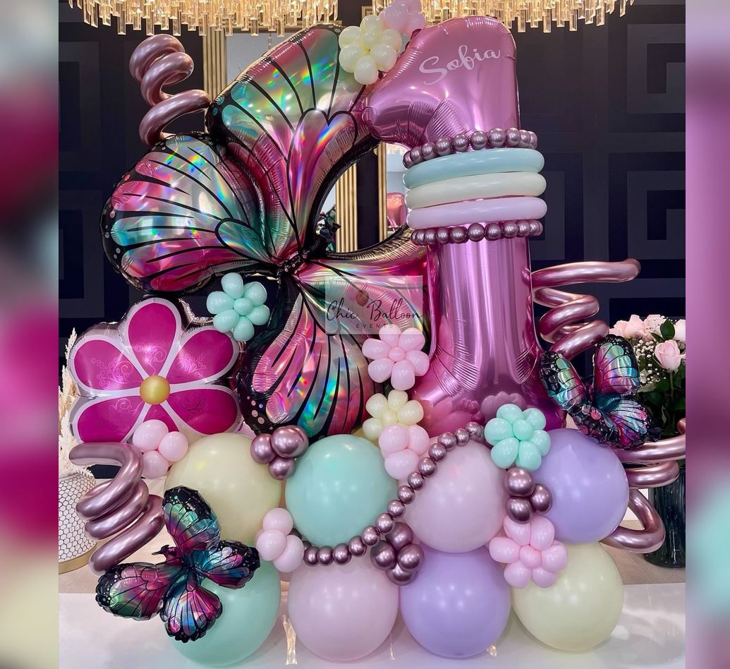 Butterfly Theme 1st Birthday Balloon Bouquet