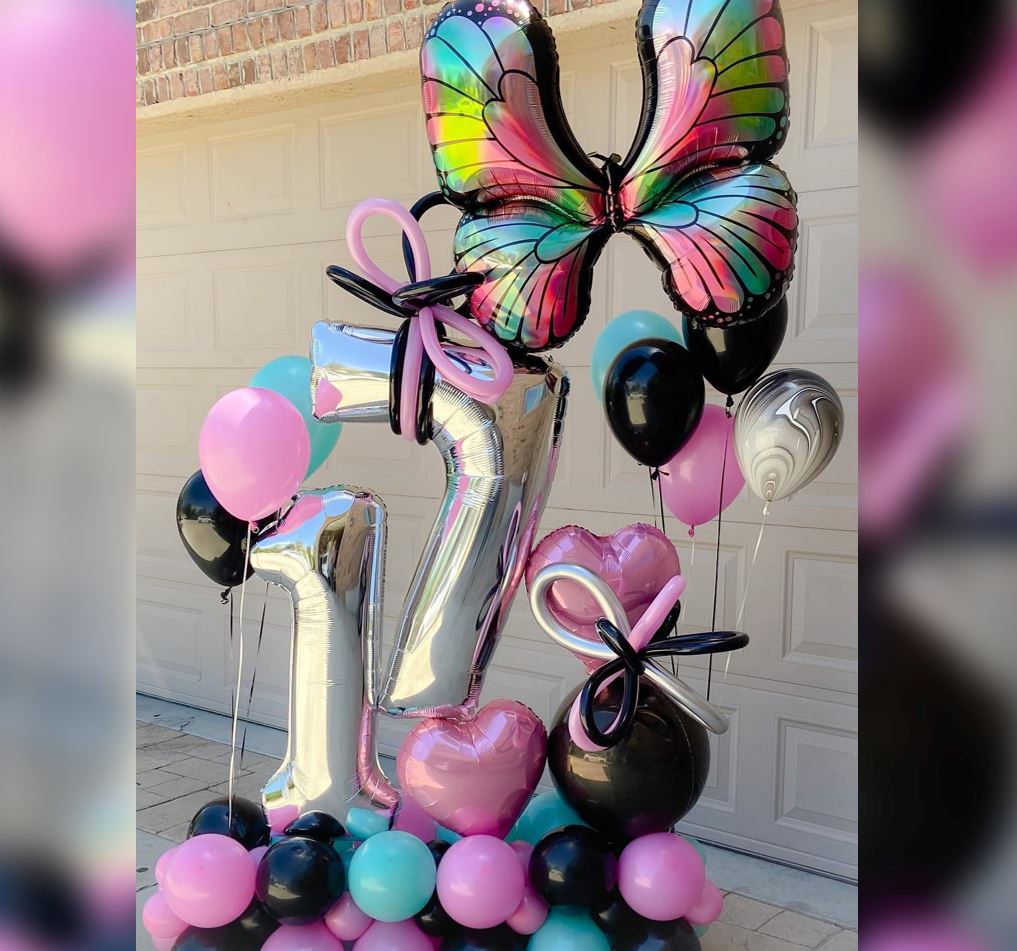 17th Birthday Butterfly Theme Cluster Balloon Bouquet