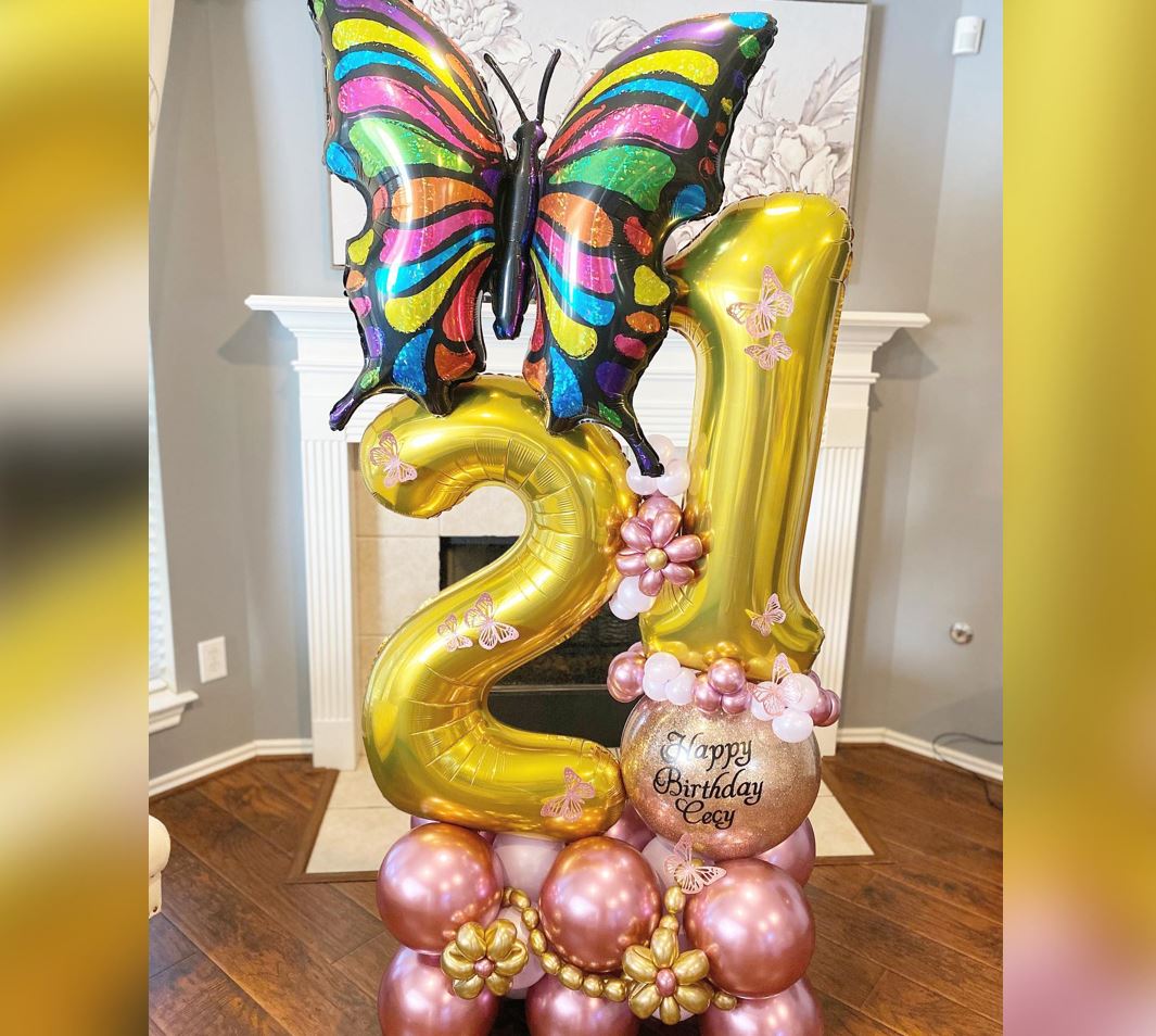 21st Birthday Butterfly Theme HBD Personalized Chrome Cluster Balloon Bouquet