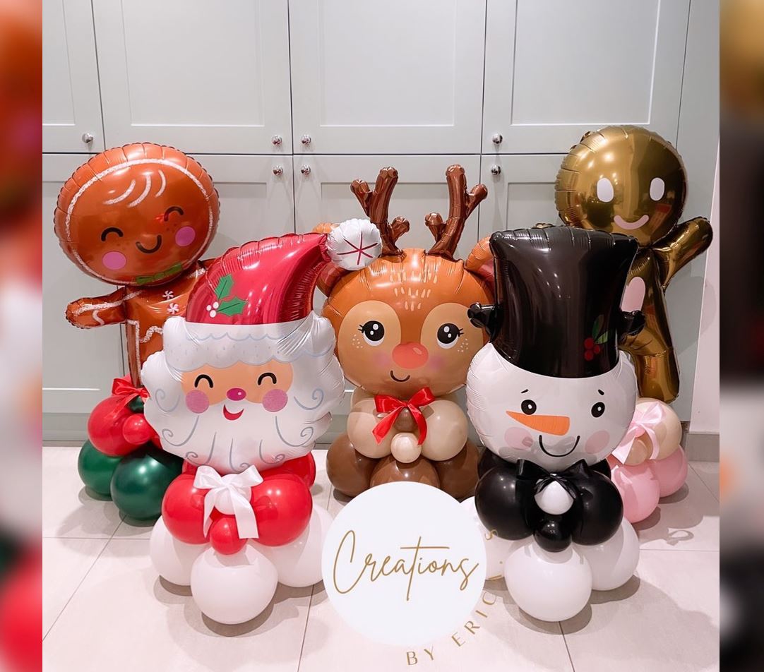 Christmas Theme Gingerbread, Santa Head, Deer Head And Snowman Head Cluster Balloon Bouquet