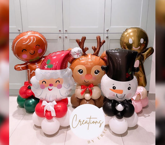 Christmas Theme Gingerbread, Santa Head, Deer Head And Snowman Head Cluster Balloon Bouquet