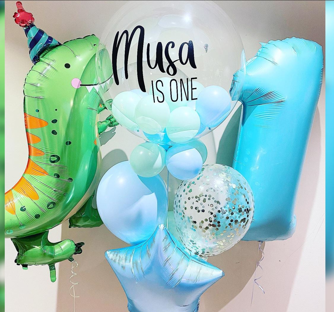 Dinomite T-Rex Theme 1st HBD Bubble Balloon Bouquet