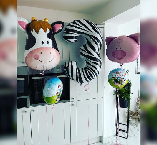 3rd Birthday Pig And Holstein Cow Head Balloon Bouquet