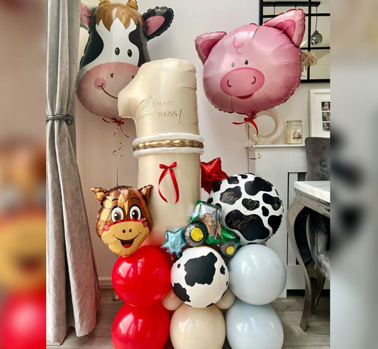Holstein Cow And Pig Theme 1st Birthday Boy   Balloon Bouquet
