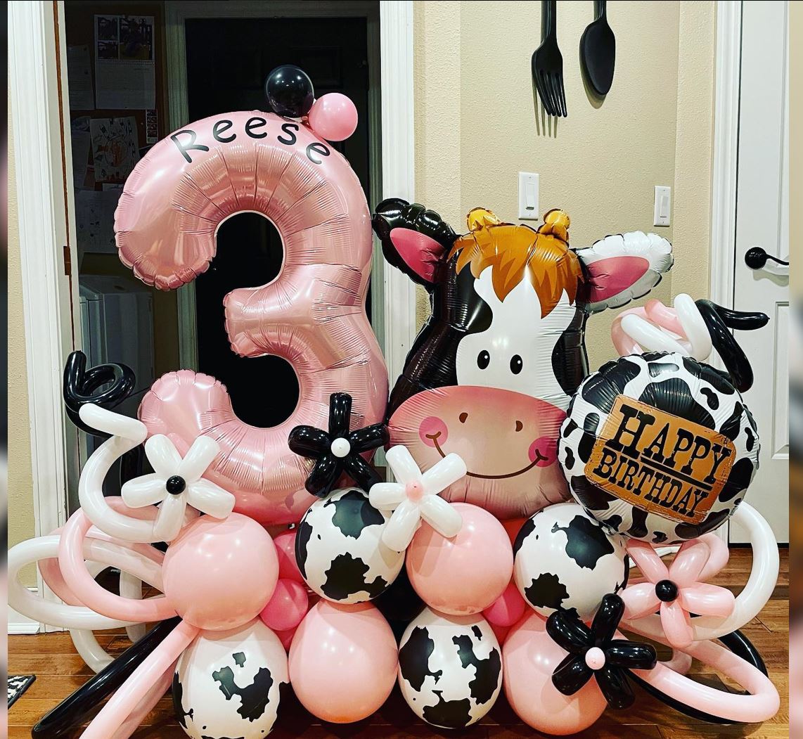 Holstein Cow Theme 3rd HBD Cluster Balloon Bouquet