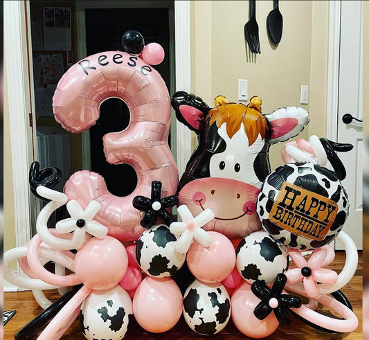 Holstein Cow Theme 3rd HBD Cluster Balloon Bouquet