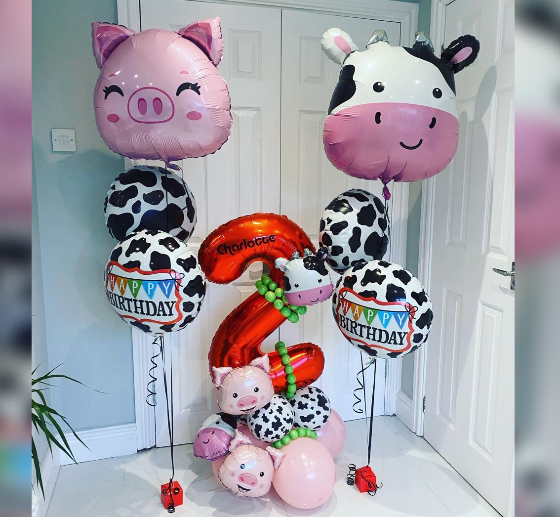 2nd Birthday Cute Holstein And Piggy Balloon Bouquet