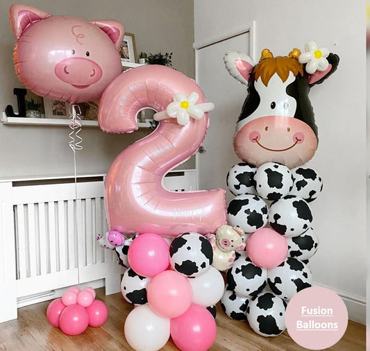 Holstein Cow And Pig Theme 2nd Birthday Girl Balloon Bouquet
