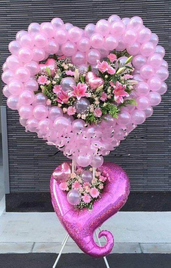 Pink Hollow Heart And Flowers Balloon Bouquet