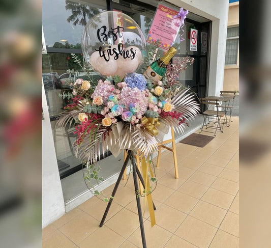 Bubble And Champagne Bottle Balloon And Flowers Bouquet