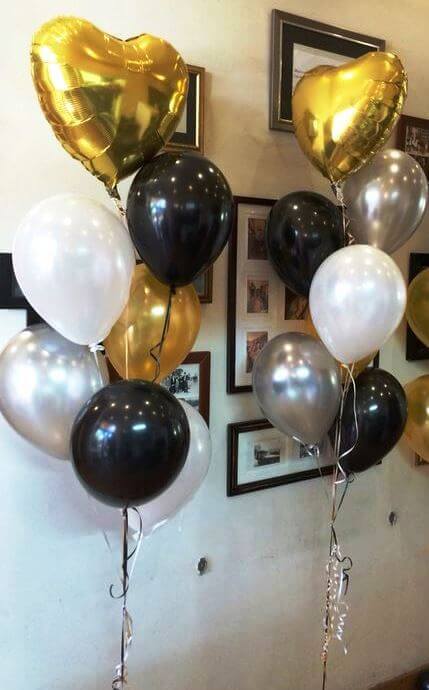 Party Balloons Golden Heart with Black, Silver and Golden Balloon Bouquets