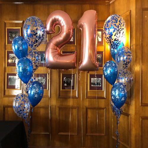 Party Balloons Rose Gold and Blue Confetti 21st Birthday Balloon Bouquet