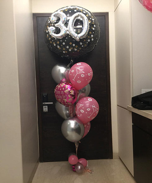 3D Happy 30th Birthday Foil & Chrome Silver, Pink Balloon Bouquet