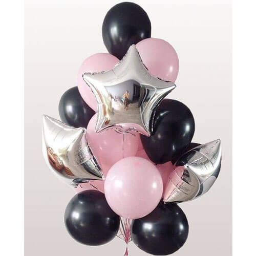 Party Balloons Pink With Black Latex &amp; Silver Foil Star Balloon Bunch