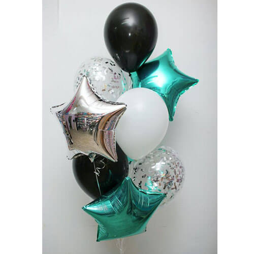 Party Balloons Silver With Green Star &amp; Confetti Balloon Bunch