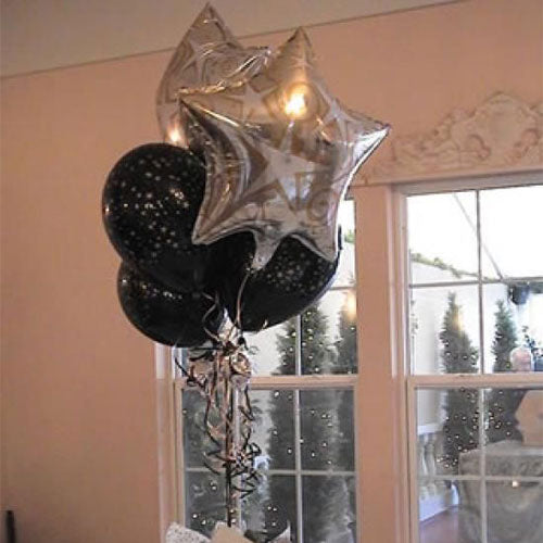 Silver Star with Black Latex Balloon Bunch