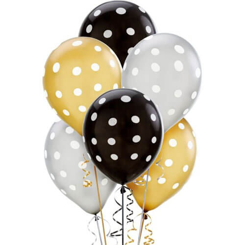 Party Balloons Black, Silver & Gold Polka Dot Balloon Bunch