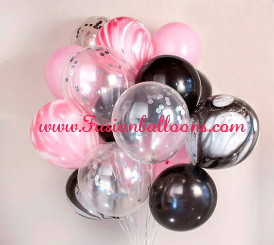 Pink &amp; Black Marble With Confetti Balloon Bunch
