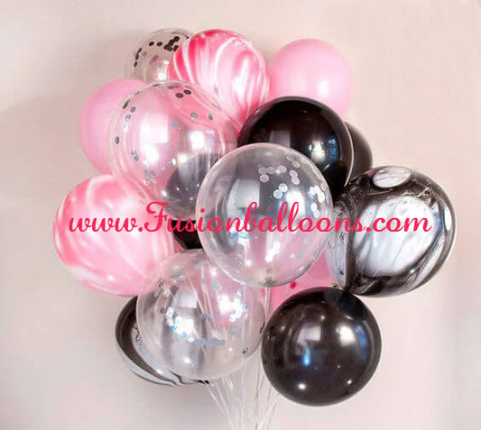 Pink &amp; Black Marble With Confetti Balloon Bunch