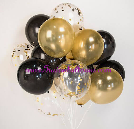 Party Balloons Gold With Black Latex &amp; Confetti Balloon Bunch
