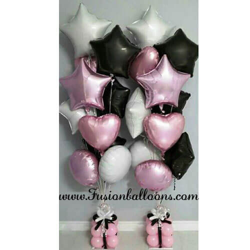 Party Balloons Pink, White and Black Foil Balloon Bunch