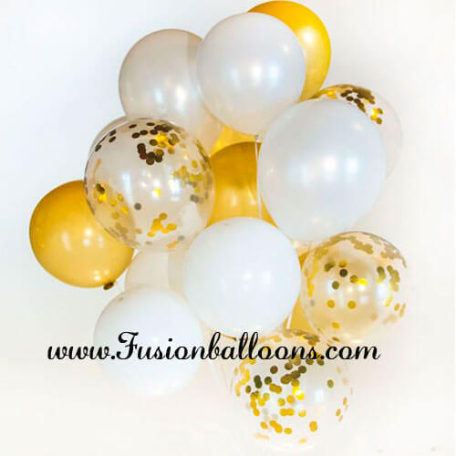 Party Balloons White And Gold With Confetti Balloon Bunch