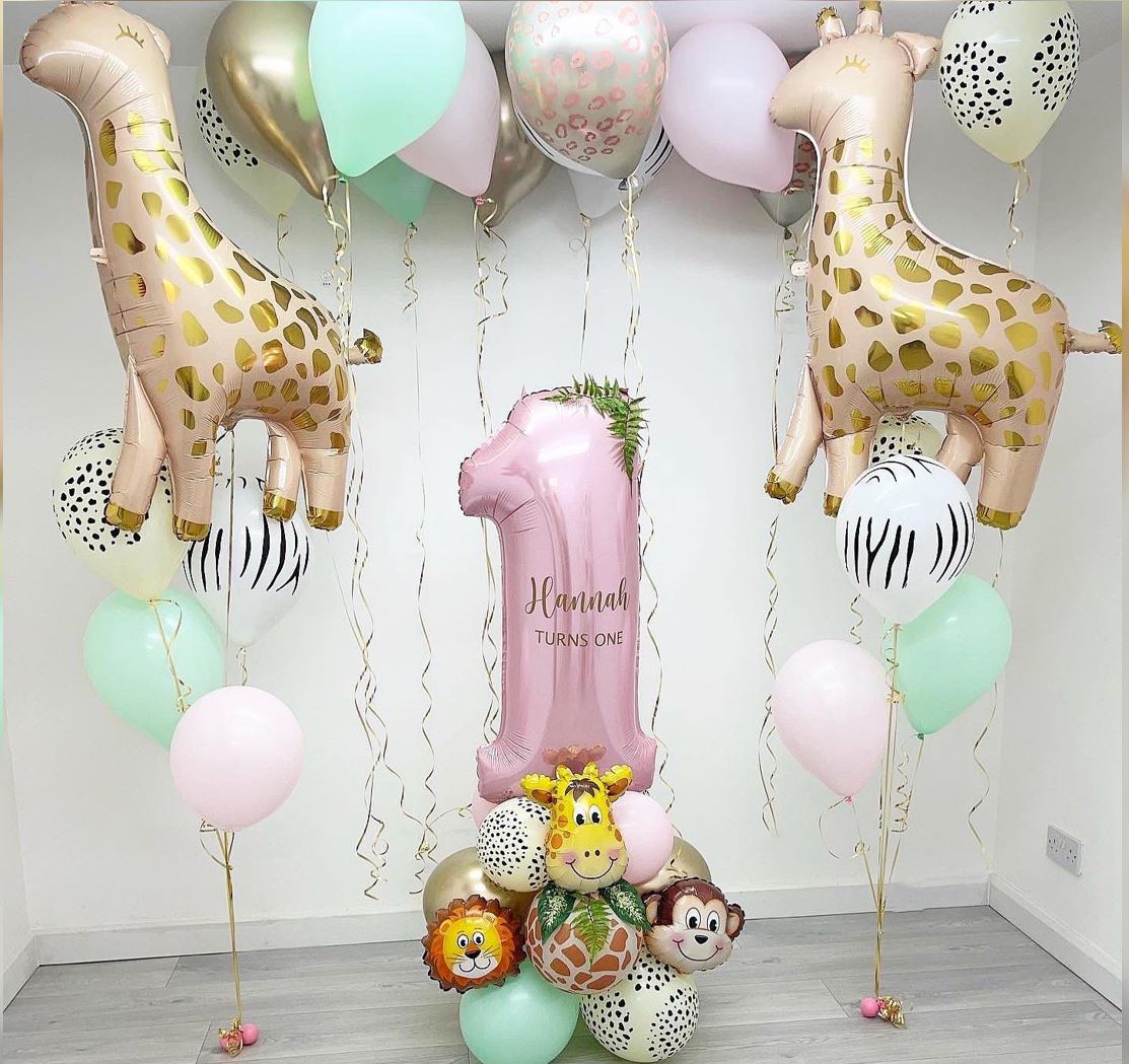 Jungle Theme 1st Birthday Girl Cluster Balloon Bouquet