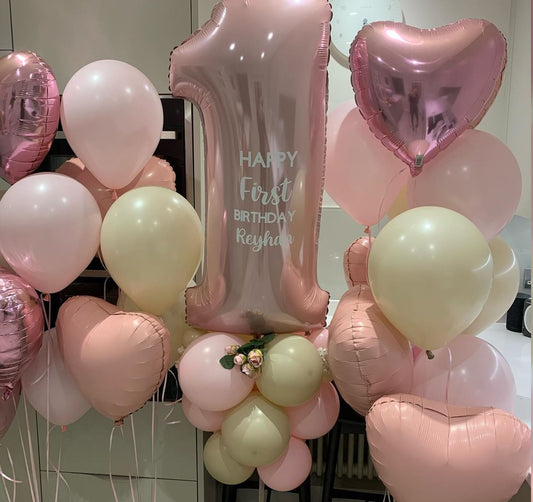 1st Birthday Girl Heart Theme Balloon Bunches