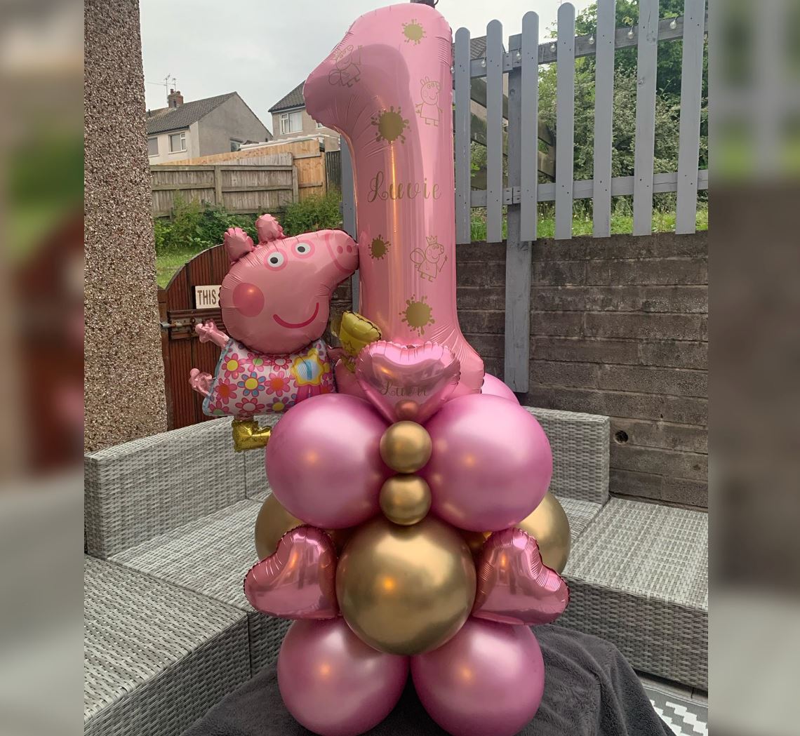 Peppa Pig Theme 1st Birthday Girl Balloon Bouquet