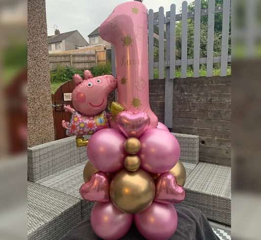 Peppa Pig Theme 1st Birthday Girl Balloon Bouquet