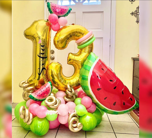 13th Birthday Watermelon  Theme Cluster Balloon Bouquet
